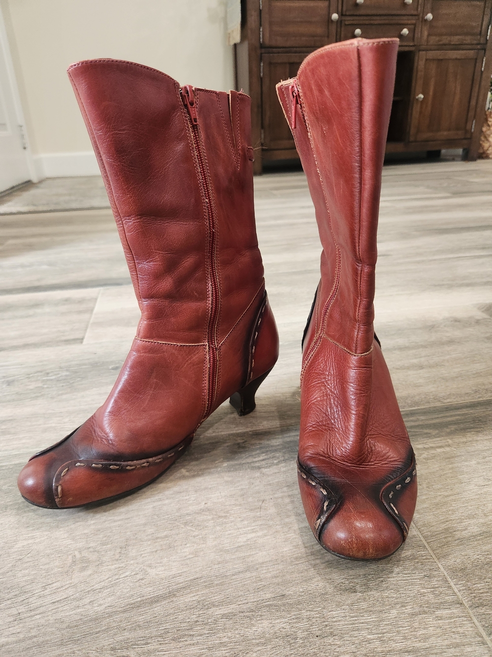 PIKOLINOS Red-Brown Leather Mid-Calf Kitten Heeled Boots Sz 9